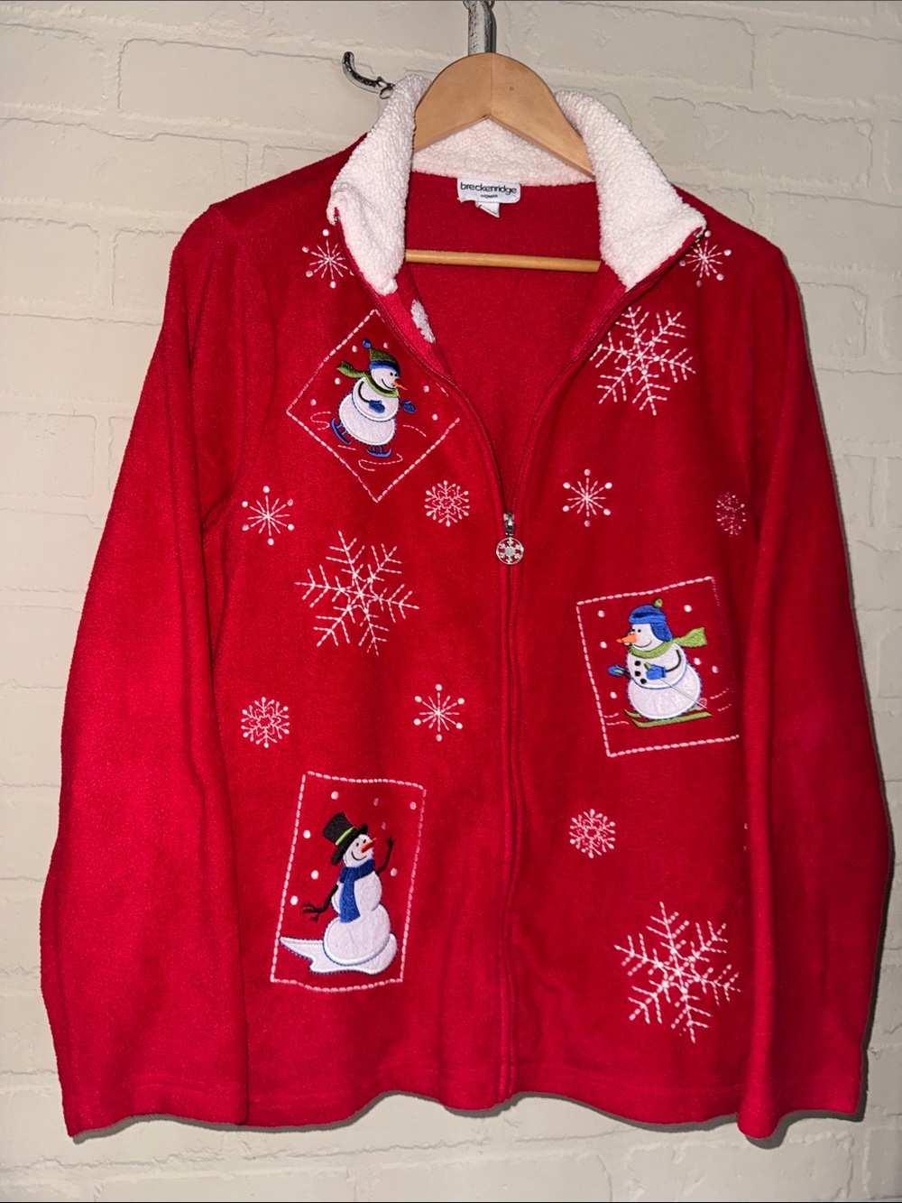 breckenridge Red Snowman Embroidered cardigan Jacket fleece